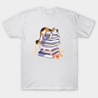 Calico Cat Sleeping On Books T-Shirt